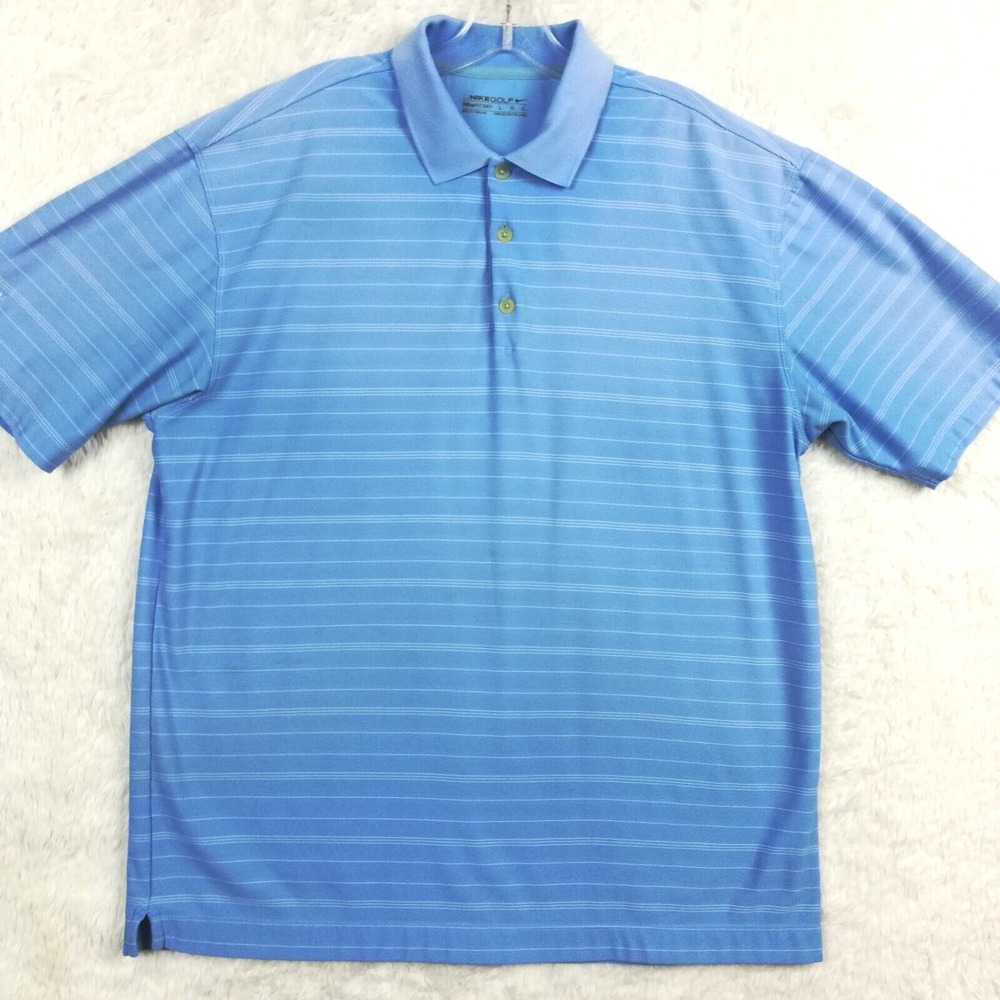 Nike Golf Mens Polo Shirt Blue Stripe Fit Dry Short Sleeve Performance Swoosh L